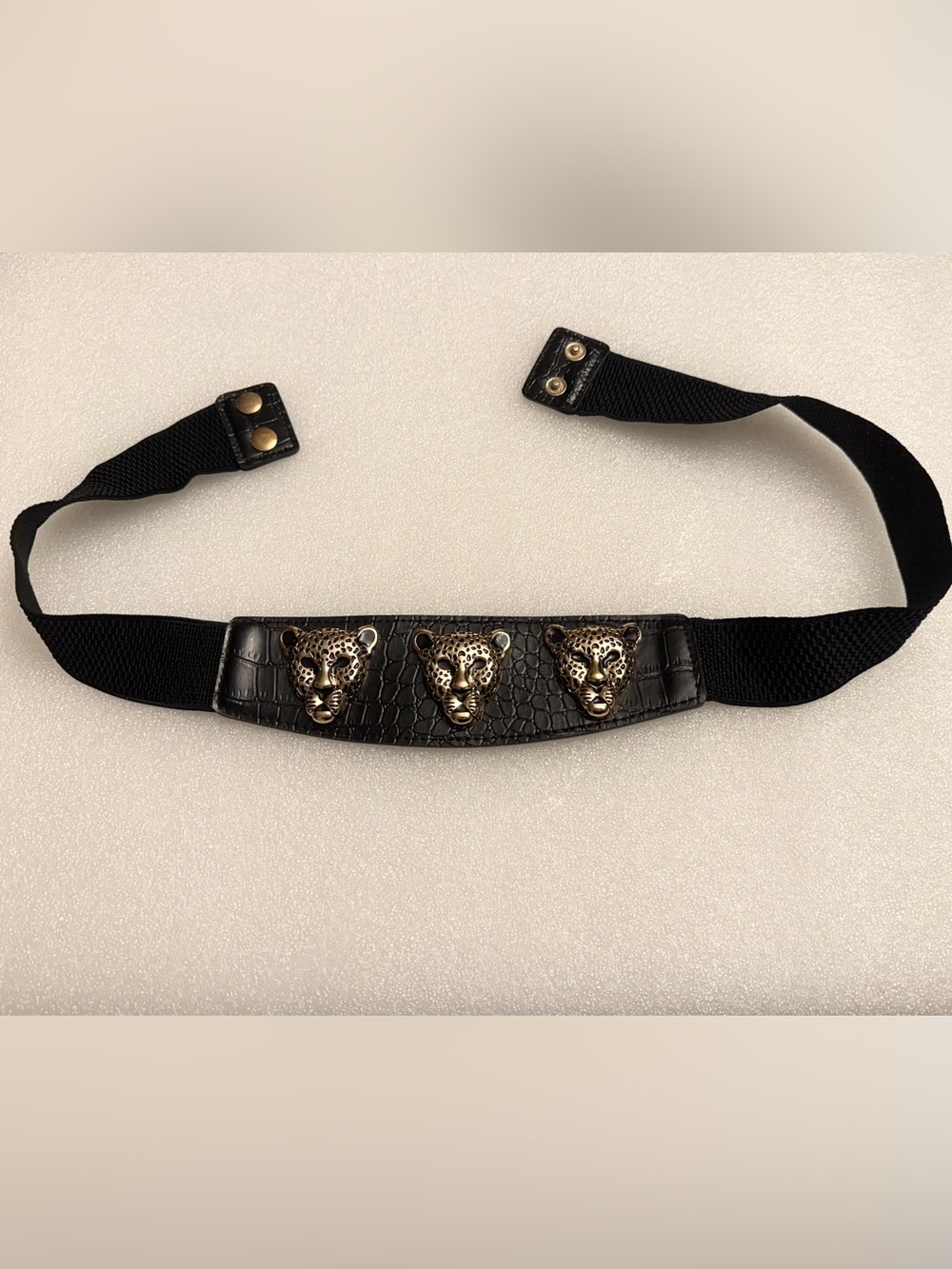 Yik Fung Vintage Black Elastic Belt Gold Leopard Heads XS/S 60cm